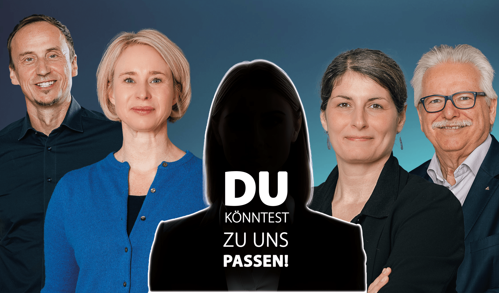 DZA Wanted Menschen lächeln in eine Kamera - in der Mitte Silhouette mit Schrift "Du könntest zu uns passen"
